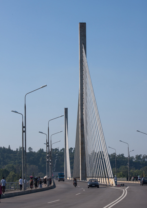 North Korean cars crossing a suspension bridge, Pyongan Province, Pyongyang, North Korea