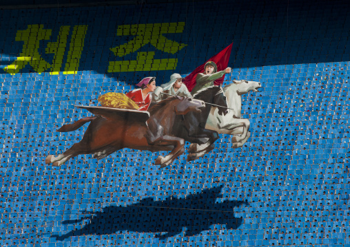 Chollima horses made by children pixels holding up colored boards during Arirang mass games in may day stadium, Pyongan Province, Pyongyang, North Korea