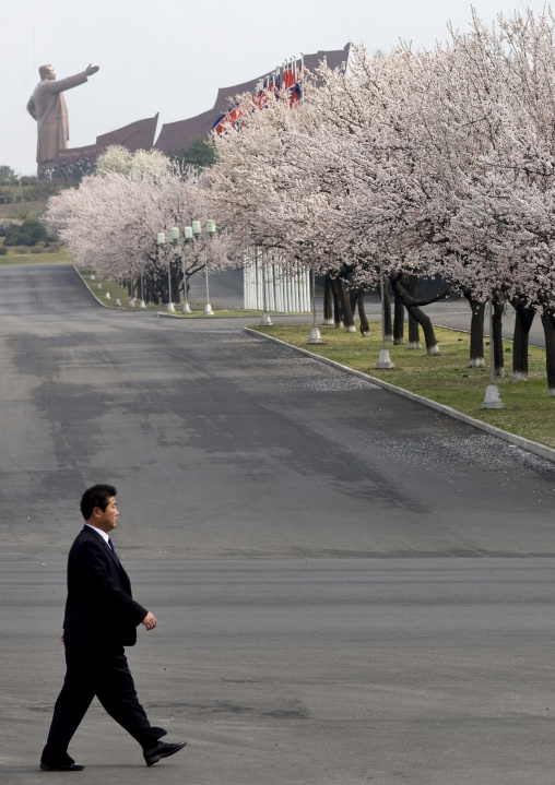 North Korean man walking with Kim il Sung statue in the background, Pyongan Province, Pyongyang, North Korea