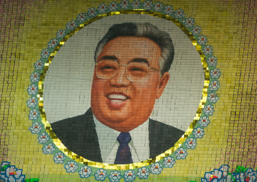 Kim il Sung portrait made by children pixels holding up colored boards during Arirang mass games in may day stadium, Pyongan Province, Pyongyang, North Korea
