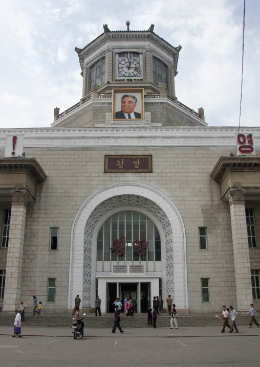 Train station entrance with a portrait of Kim il Sung, Pyongan Province, Pyongyang, North Korea