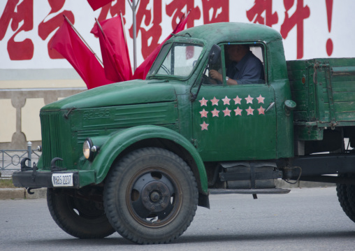 North Korean truck with red stars one star represents 50000 km of safe driving, North Hwanghae Province, Kaesong, North Korea