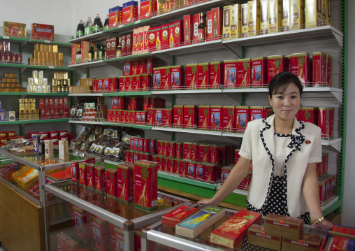 North Korean woman selling ginseng in a shop, North Hwanghae Province, Kaesong, North Korea