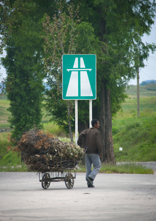 North Korean man with a cart full of wood in the Demilitarized Zone highway, North Hwanghae Province, Panmunjom, North Korea