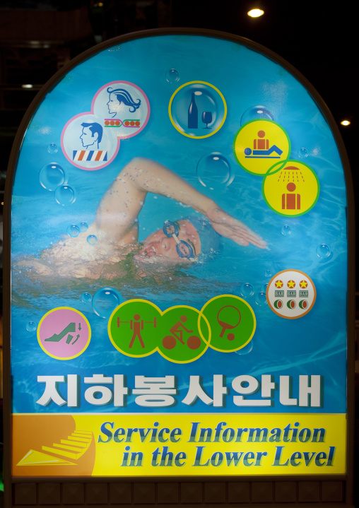 Billboard depicting the services available at Koryo hotel, Pyongan Province, Pyongyang, North Korea
