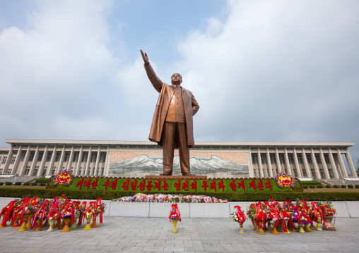 Flowers in front of Kim il Sung statue in Mansudae Grand monument, Pyongan Province, Pyongyang, North Korea