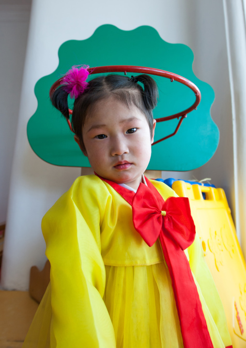 North Korean girl dressed in choson-ot in an orphanage, South Pyongan Province, Nampo, North Korea