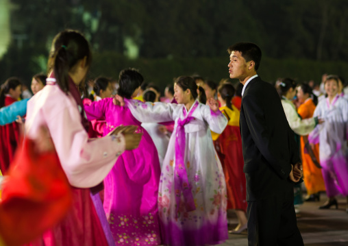 North Korean students dancing to celebrate april 15 the birth anniversary of Kim Il-sung, Pyongan Province, Pyongyang, North Korea