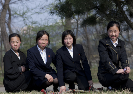 North Korean students girls in a park, Pyongan Province, Pyongyang, North Korea