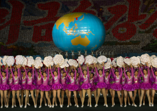 North Korean gymnasts in front of a world globe during the Arirang mass games in may day stadium, Pyongan Province, Pyongyang, North Korea