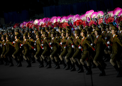 North Korean women dressed as soldiers during the Arirang mass games in may day stadium, Pyongan Province, Pyongyang, North Korea