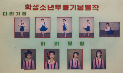 Billboard in Mangyongdae children's palace depicting the basic dance movement for pioneers and the hairstyle, Pyongan Province, Pyongyang, North Korea