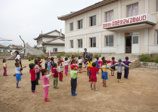 North Korean children making morning gymnastics at school, South Hamgyong Province, Hamhung, North Korea