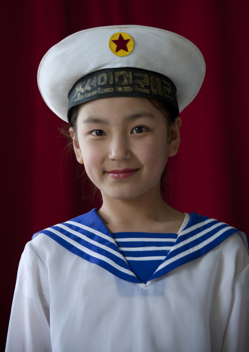 North Korean girl with a navy sailor uniform for a school show, Pyongan Province, Pyongyang, North Korea