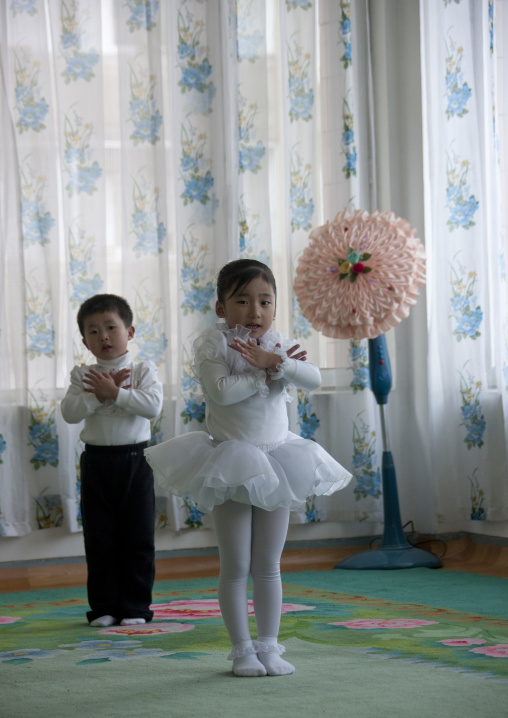 Young couple of North Korean ballet dancers children in Kim Jong suk school, Pyongan Province, Pyongyang, North Korea