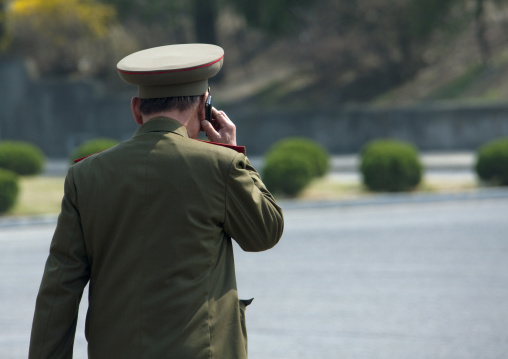 North Korean army officier calling with his mobile phone, Pyongan Province, Pyongyang, North Korea