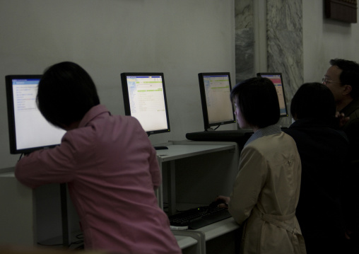 North Korean women using computers in Grand people's study house, Pyongan Province, Pyongyang, North Korea