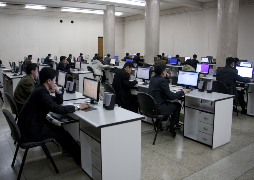 North Korean students using computers in Grand people's study house, Pyongan Province, Pyongyang, North Korea
