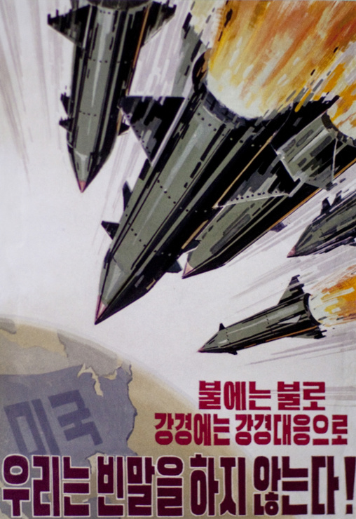 Propaganda poster with missiles sent on usa, Pyongan Province, Pyongyang, North Korea