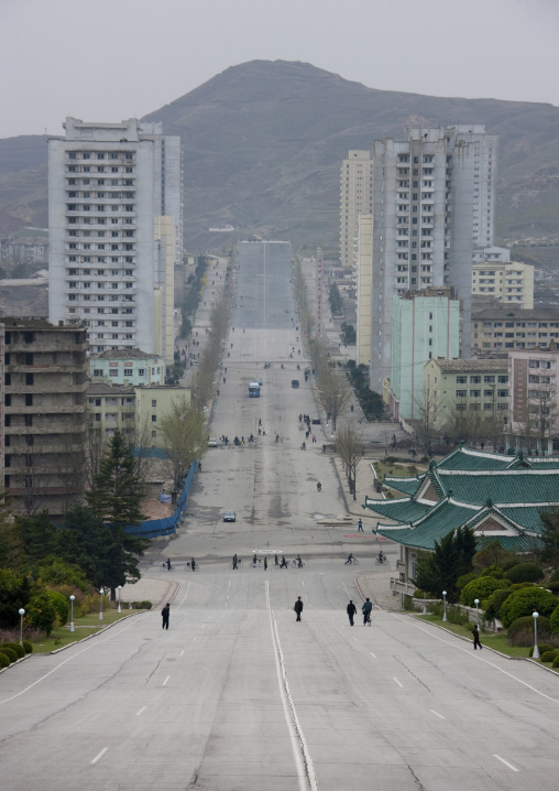 Main avenue in the city with lot of North koreans walking, North Hwanghae Province, Kaesong, North Korea