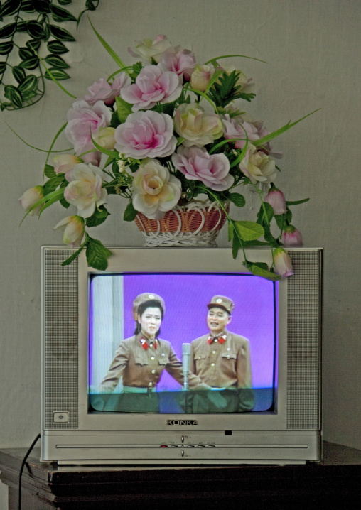 Plastic flowers on a television broadcasting a show with soldiers, Pyongan Province, Pyongyang, North Korea