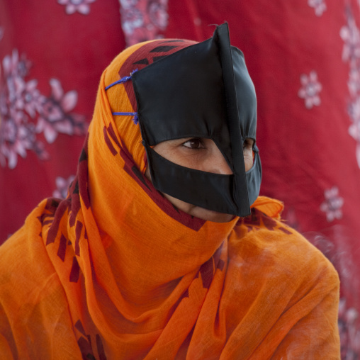 Bedouin Woman In Orange Burqa, Sinaw, Oman