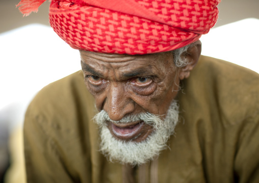 Old Man In Red Turban In Sinaw Market, Oman