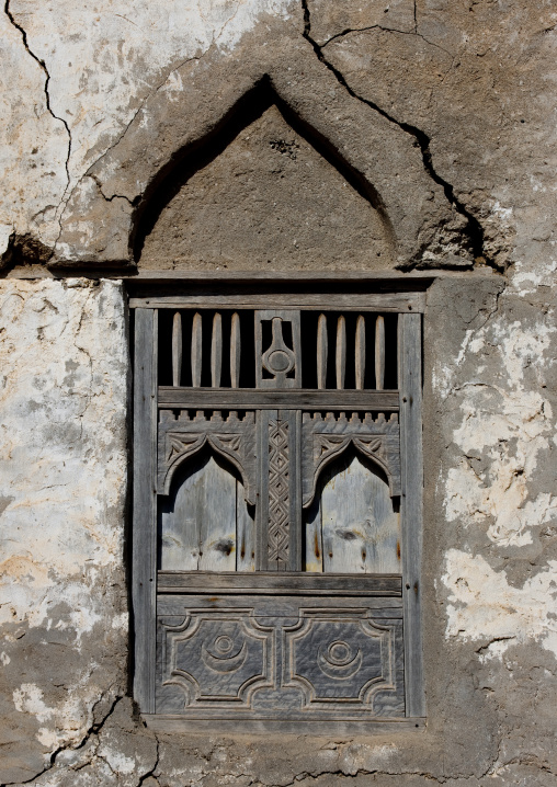 Old Wooden Window Carved On The Wall In Arabic Stytle, Mirbat, Oman