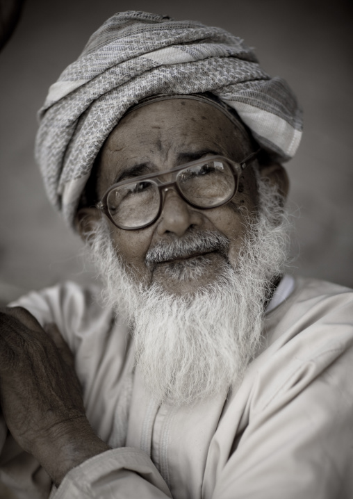 Old Omani Man In Turban And Wearing Glasses, Nizwa, Oman
