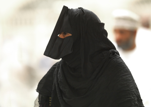Profile Of A Masked Bedouin Woman In Black, Nizwa, Oman