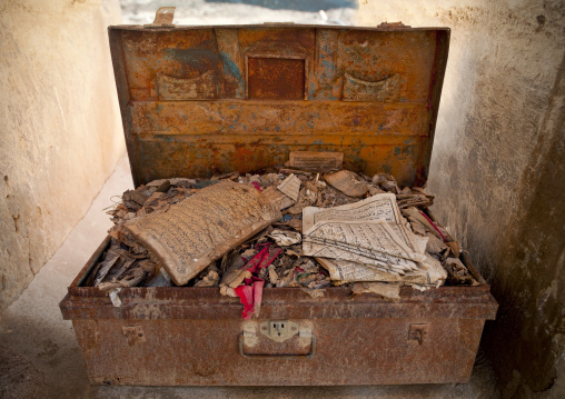 Trunk Filled With Old Quran Books In Old Mosque, Ibra, Oman