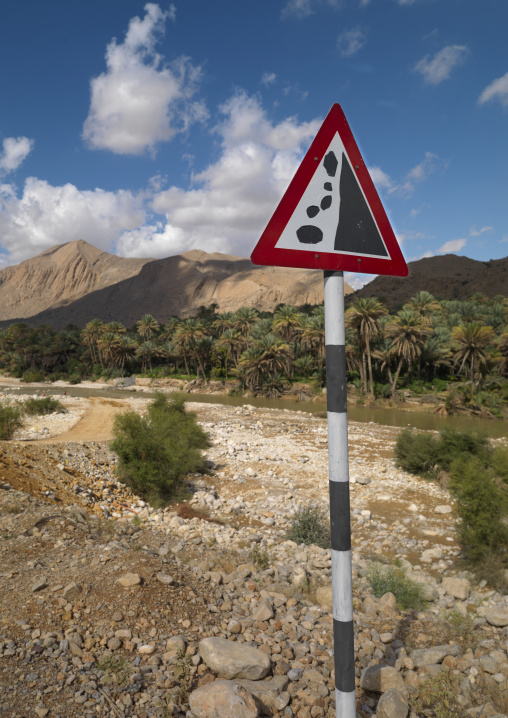 Road Sign Warning Of Falling Rocks, Wadi Bani Khalid, Oman