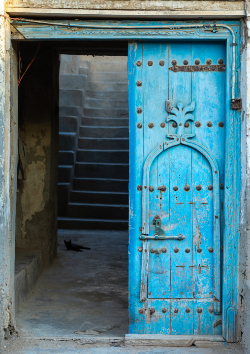 Blue omani wooden door, Dhofar Governorate, Mirbat, Oman