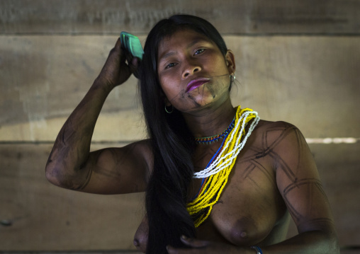 Panama, Darien Province, Bajo Chiquito, Woman Of The Native Indian Embera Tribe Combing Hair