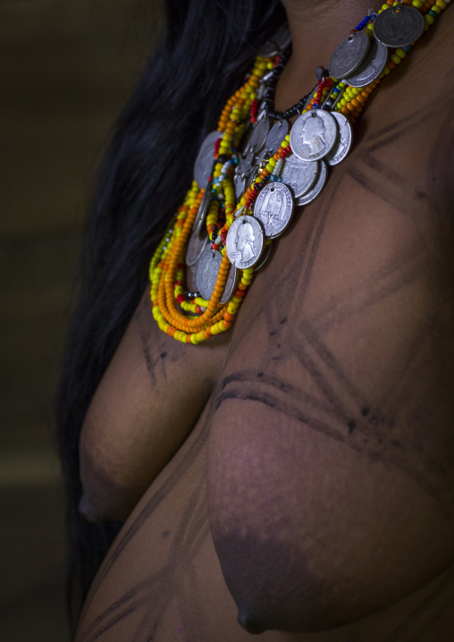 Panama, Darien Province, Bajo Chiquito, Woman Of The Native Indian Embera Tribe Close Up