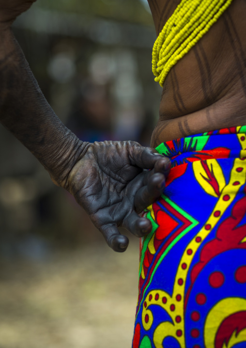 Panama, Darien Province, Bajo Chiquito, Woman Of The Native Indian Embera Tribe Hand Full Of Ink Close Up