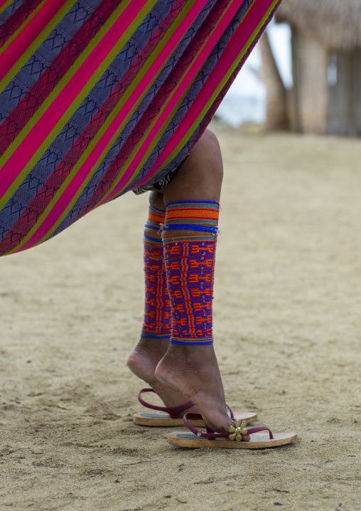 Panama, San Blas Islands, Mamitupu, Traditional Beaded Leg Ornaments Worn By A Kuna Woman Realxing In A Hammock
