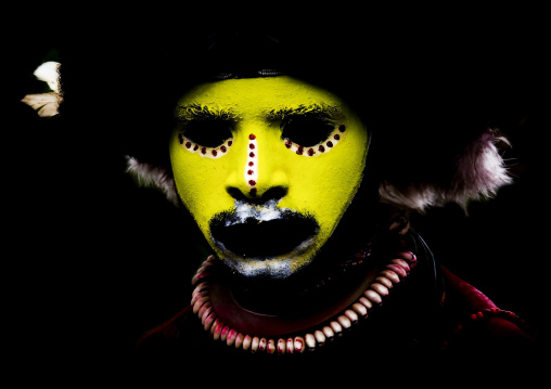 Portrait of a Huli tribe wigman  during a sing-sing ceremony, Western Highlands Province, Mount Hagen, Papua New Guinea