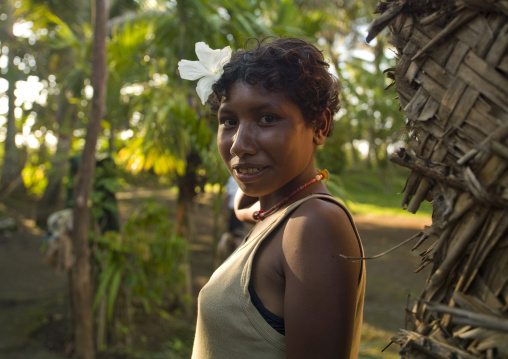 Portrait of a girl with flowers in the hair, Milne Bay Province, Trobriand Island, Papua New Guinea