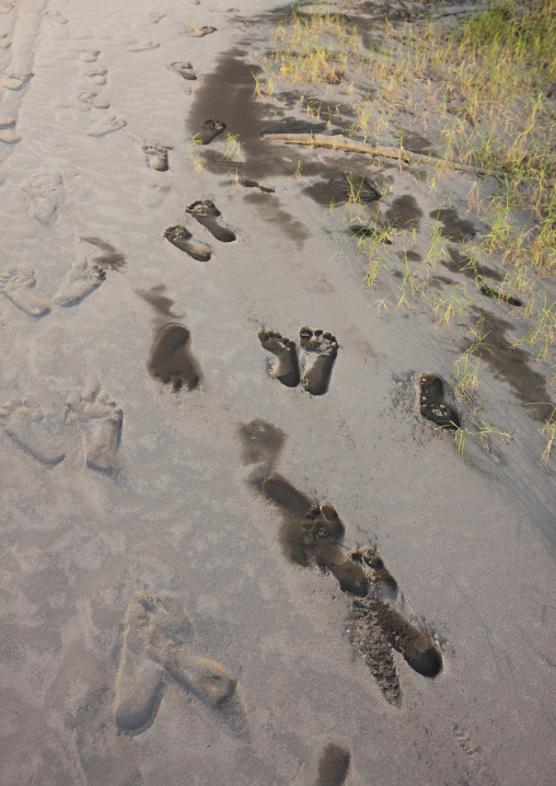 Footprints in the ash in tavurvur volcano, East New Britain Province, Rabaul, Papua New Guinea