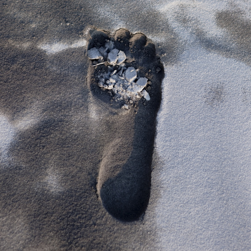 Footprint in the ash in  in tavurvur volcano, East New Britain Province, Rabaul, Papua New Guinea