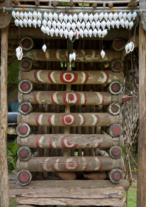 Decorations of a yam house in a village to store the roots, Milne Bay Province, Trobriand Island, Papua New Guinea