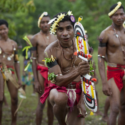 Tribal dancer with a malagan during a sing-sing, Milne Bay Province, Trobriand Island, Papua New Guinea