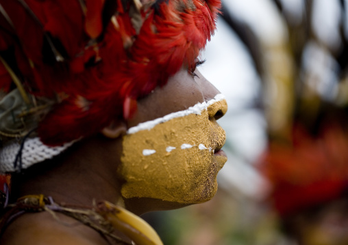 Chimbu tribe woman with giant headdress made of eagle feathers during a Sing-sing, Western Highlands Province, Mount Hagen, Papua New Guinea