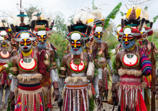 Highlander warriors in traditional clothing during a sing-sing, Western Highlands Province, Mount Hagen, Papua New Guinea