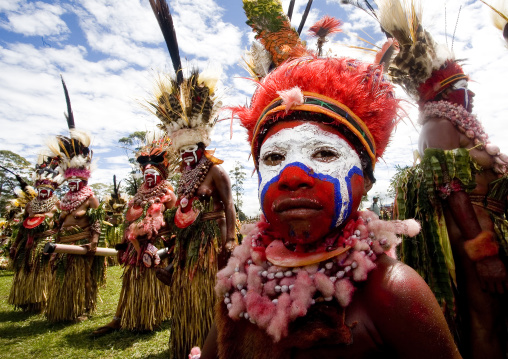 Highlander boy with traditional clothing during a sing-sing, Western Highlands Province, Mount Hagen, Papua New Guinea