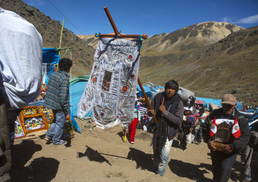 Devotee With Embroidered Banner During Qoyllur Riti Festival, Ocongate Cuzco, Peru