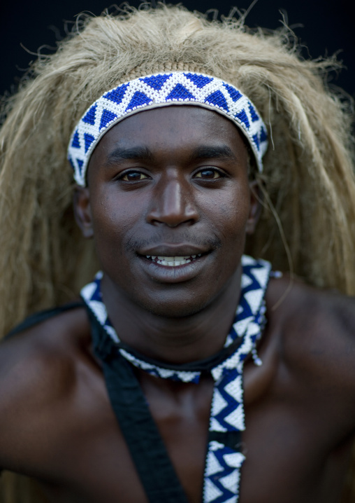Traditional intore dancer with a headwear, Lake Kivu, Ibwiwachu, Rwanda