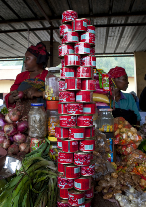 Tomatoes cans for sale in the market, Lake Kivu, Gisenye, Rwanda