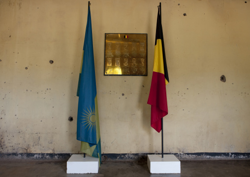 Rwandan and belgian flags in camp kigali memorial site, Kigali Province, Kigali, Rwanda